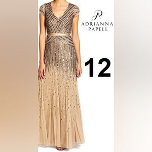 Adrianna Papell Long Beaded V-Neck Dress With Cap Sleeves & Waistband